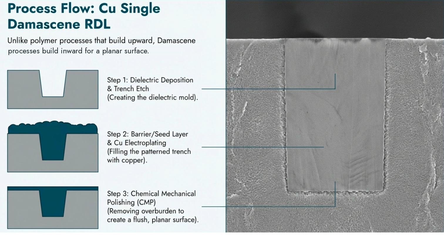 Process flow, Cu single damascene RDL: dielectric deposition and trench etch, barrier and seed then Cu electroplating, CMP