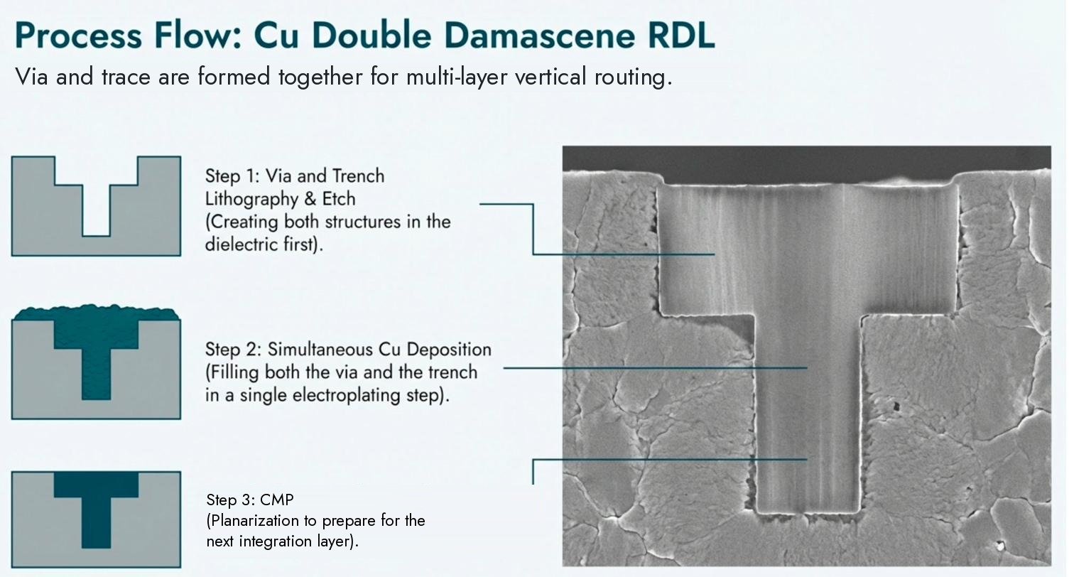 Process flow, Cu dual damascene RDL: via and trench lithography and etch, Cu fill of via and trench in one plating step, CMP